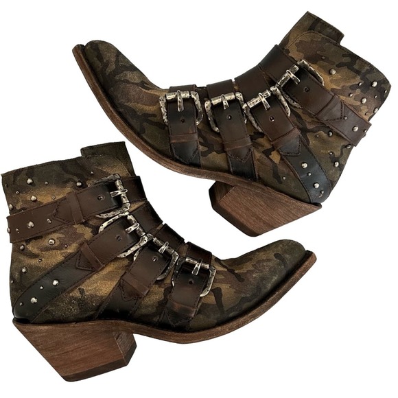 Liberty Black Camo Booties Rocker Buckle Studded Western...